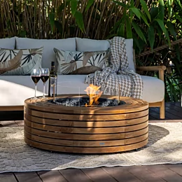 EcoSmart Fire Ark 40 Fire Table brings contemporary outdoor fireplace design to Outdoor Elegance with a natural teak finish.